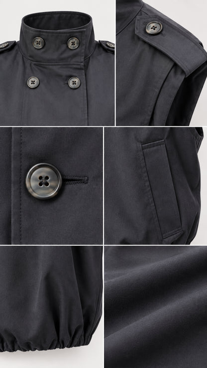 Close-up detail collage showing stand collar, buttons, shoulder epaulet, side pocket, and elastic hem of black vest