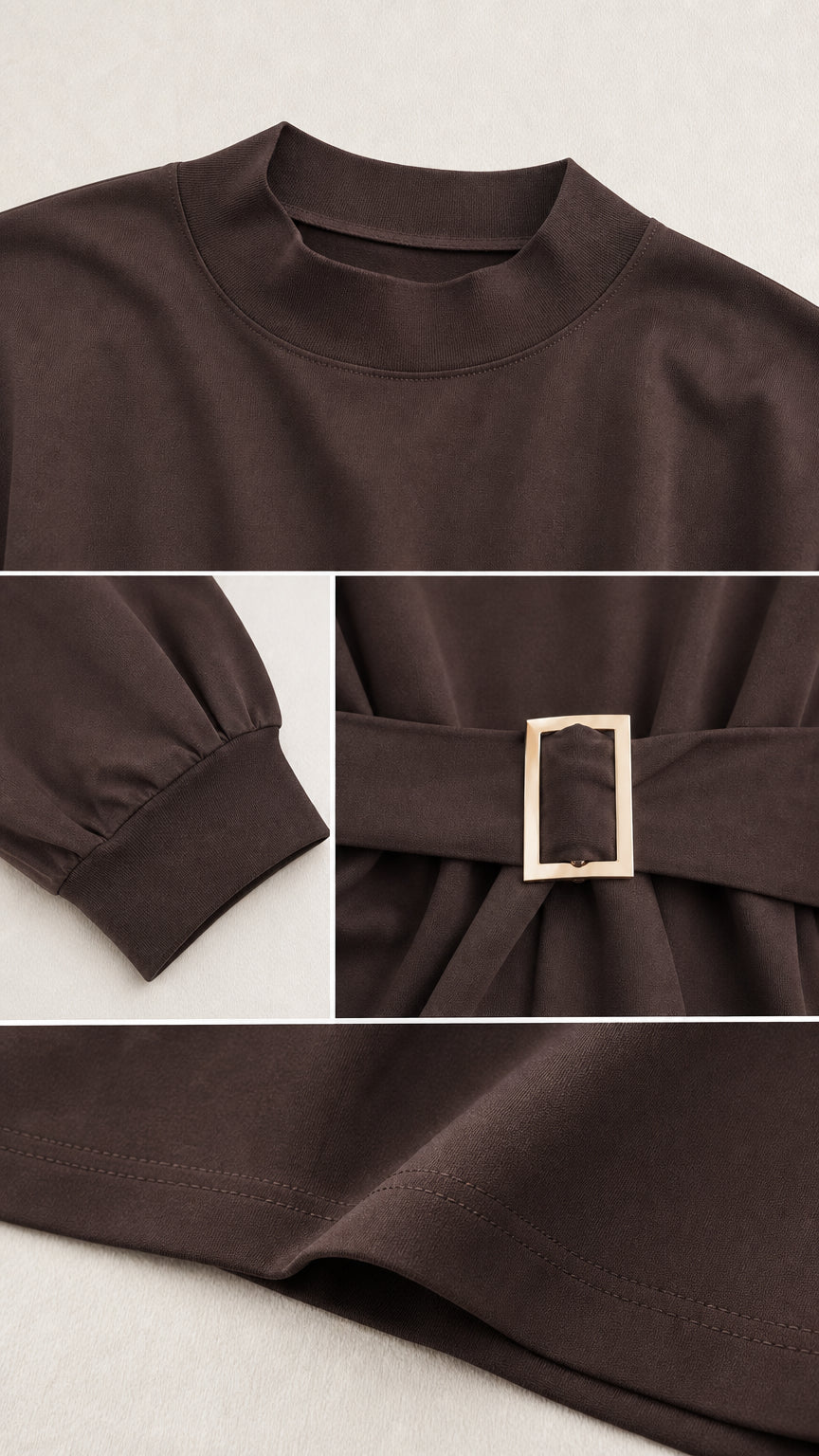 Detailed close-up of crew neckline, sleeve cuffs, fabric texture, and rectangular belt buckle