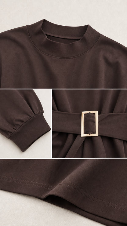 Detailed close-up of crew neckline, sleeve cuffs, fabric texture, and rectangular belt buckle