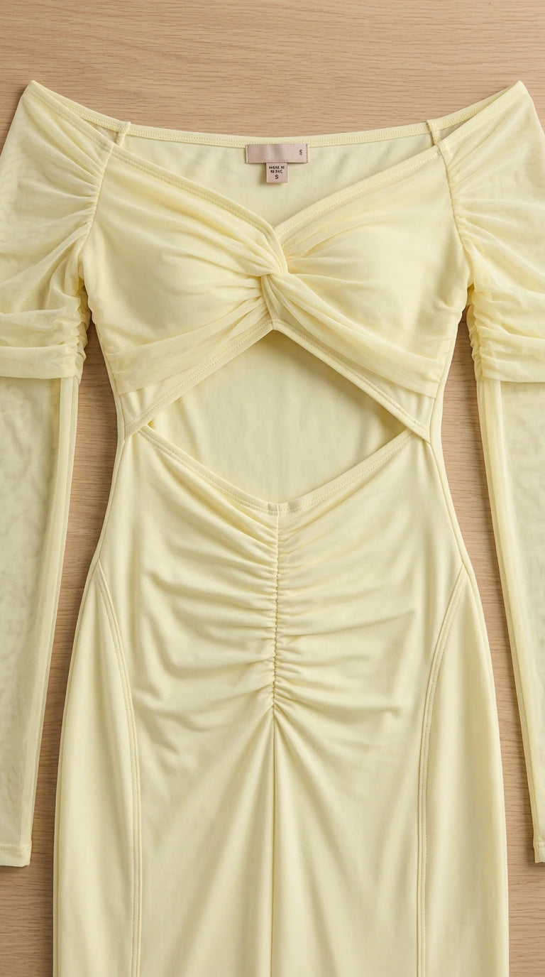 Close-up detail of butter yellow off-the-shoulder dress bodice and front cutout