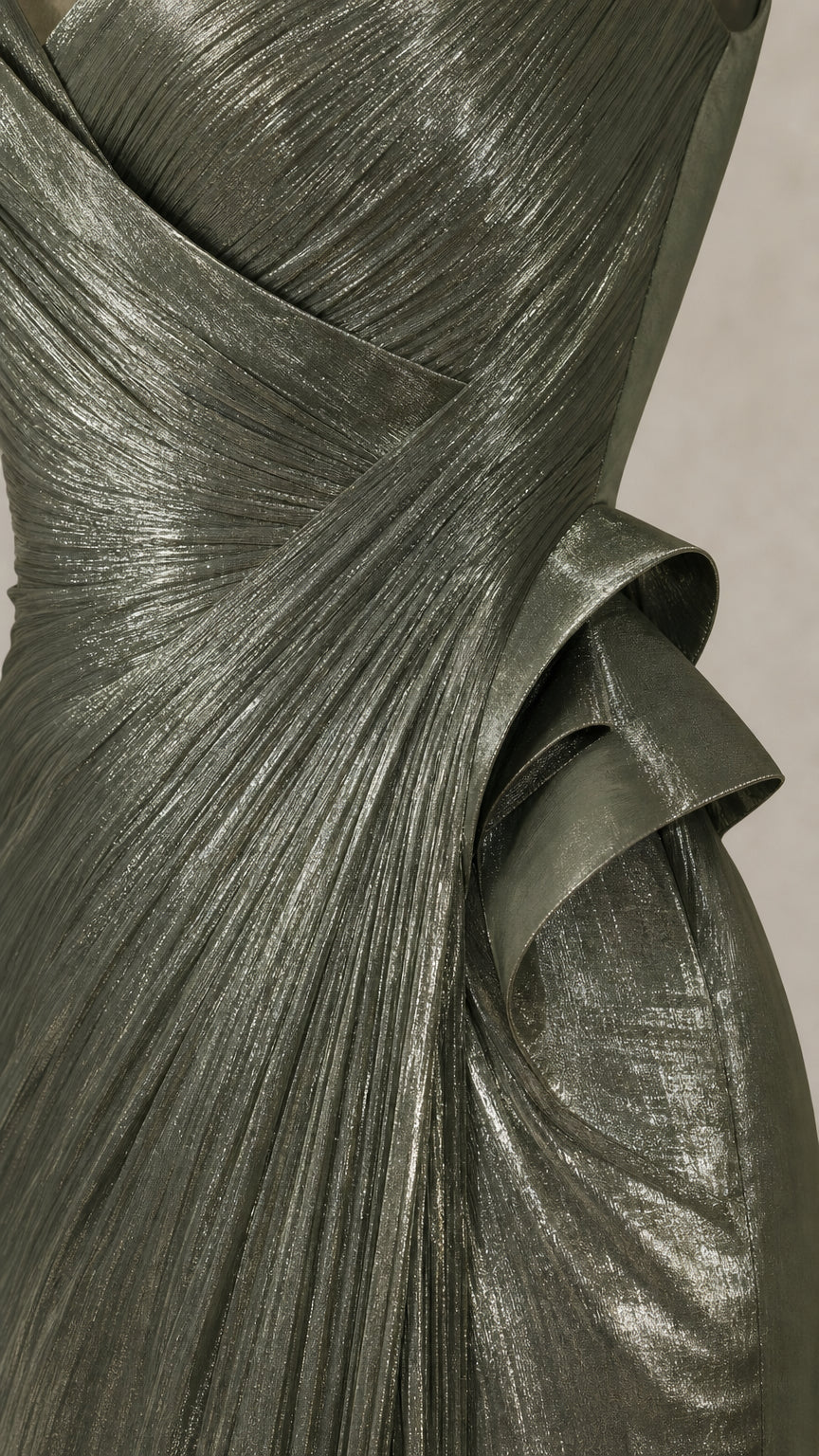 Close-up detail of fine plissé pleating and cascading ruffle on metallic evening dress