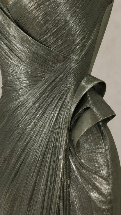 Close-up detail of fine plissé pleating and cascading ruffle on metallic evening dress