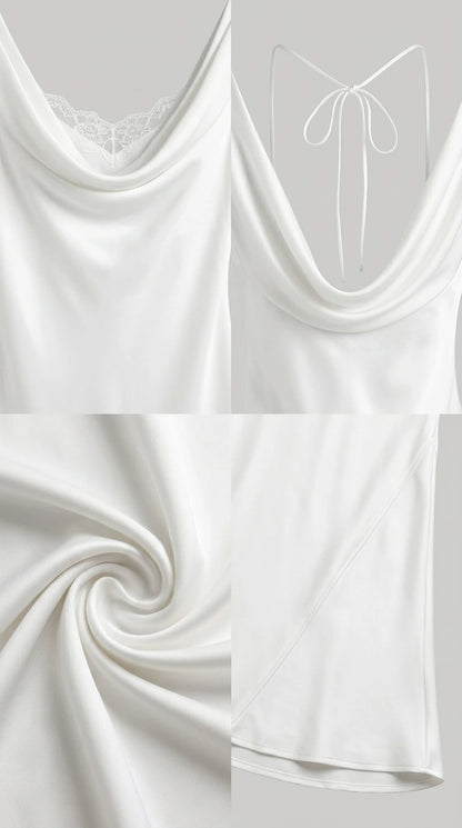 Close-up details of cowl neck, lace trim, fabric texture, and hem
