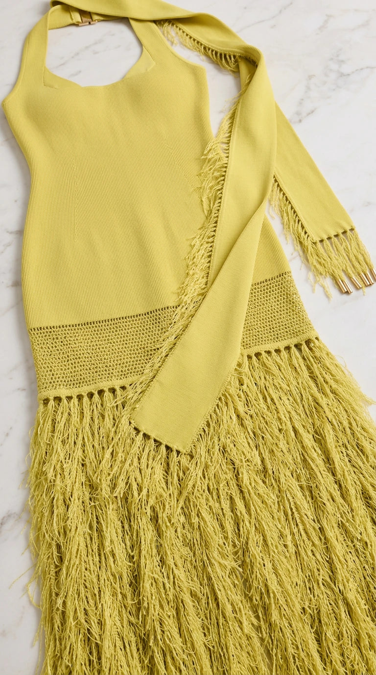 Close-up flat lay of yellow knit bodice and detailed fringe trim
