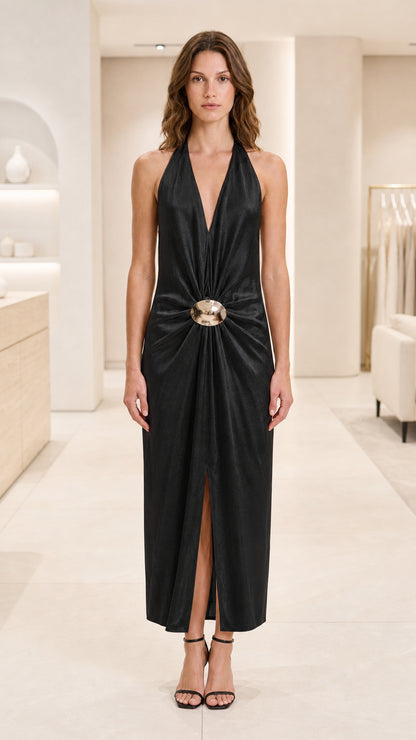 Front view of the halter plunge backless maxi dress in classic Black