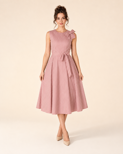 Front view of blush pink sleeveless striped midi dress with shoulder bow and midi skirt
