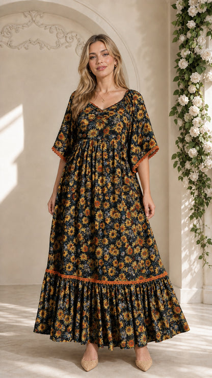 Model wearing black floral tiered maxi dress with lace trim