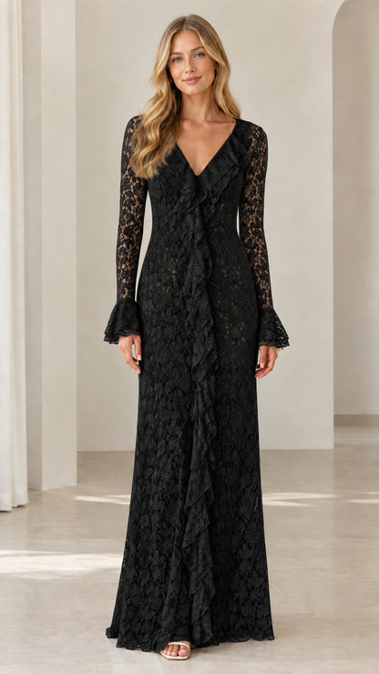 Full-length view of black floral lace V-neck ruffle maxi dress