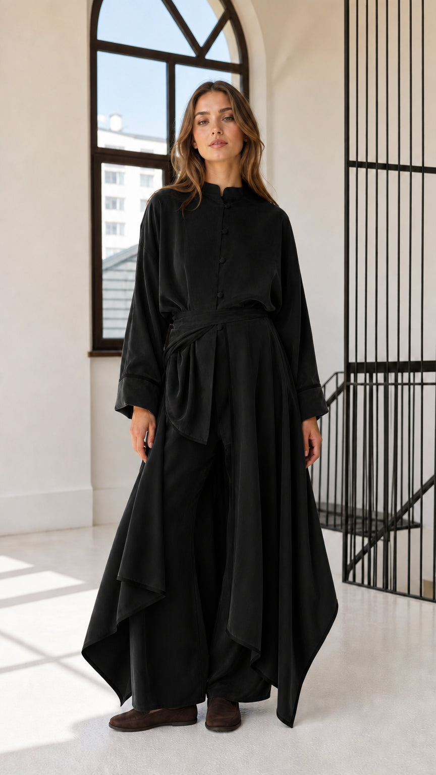 Front full-length view of woman wearing black asymmetric draped tunic and wide-leg pant set