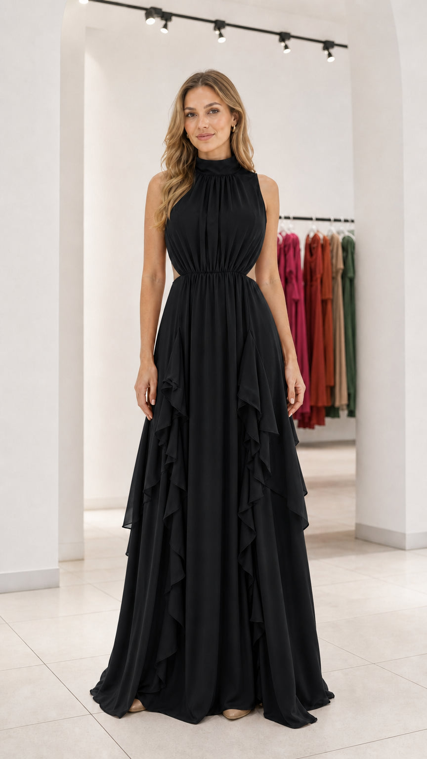 Front view of black evening maxi dress