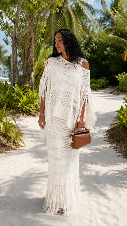 Ivory crochet one-shoulder fringe maxi cover-up set front view
