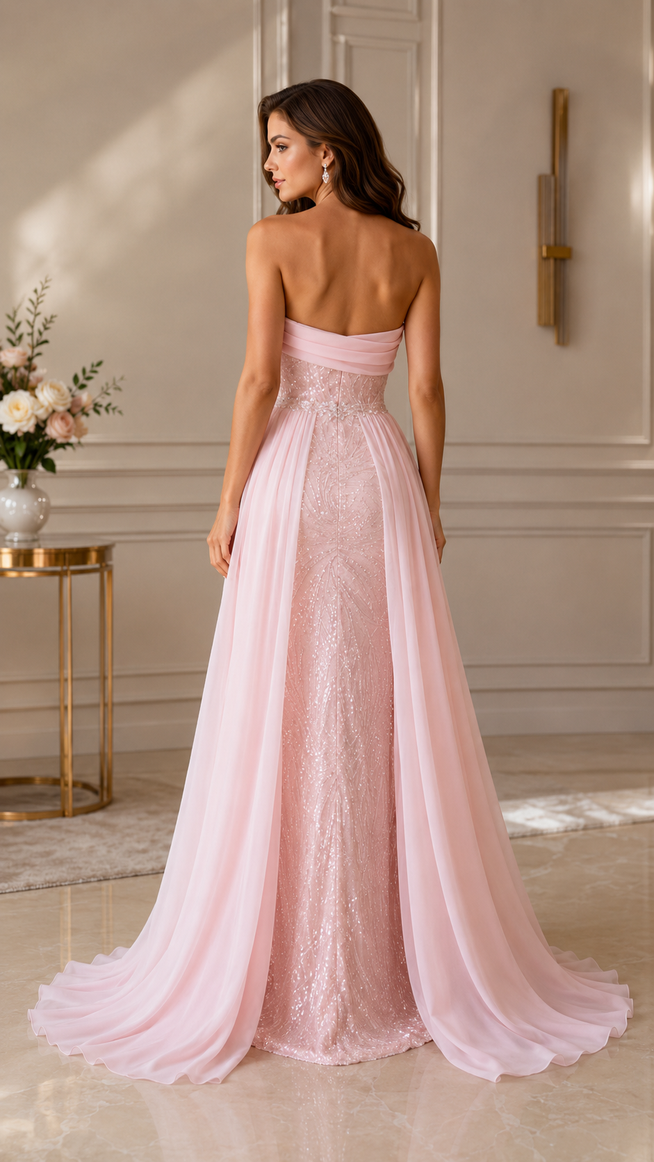 Back view of blush pink strapless formal gown with flowing train-like overskirt
