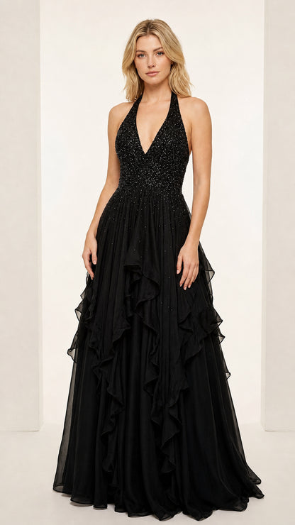 Front view of Black halter V-neck beaded bodice tiered ruffle formal dress