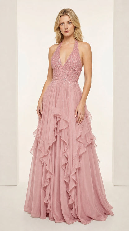 Front view of Dusty Pink halter beaded bodice tiered ruffle evening gown
