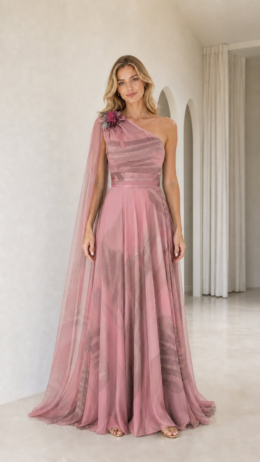 Full front view of dusty rose pink one-shoulder chiffon cape maxi dress