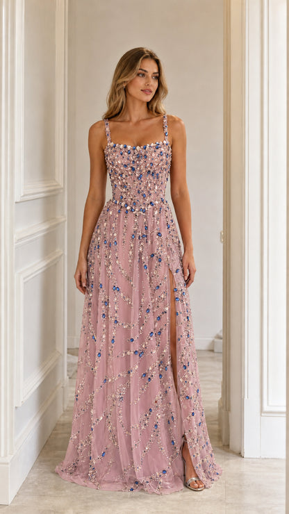 Front view of pink crystal embellished evening gown with high slit