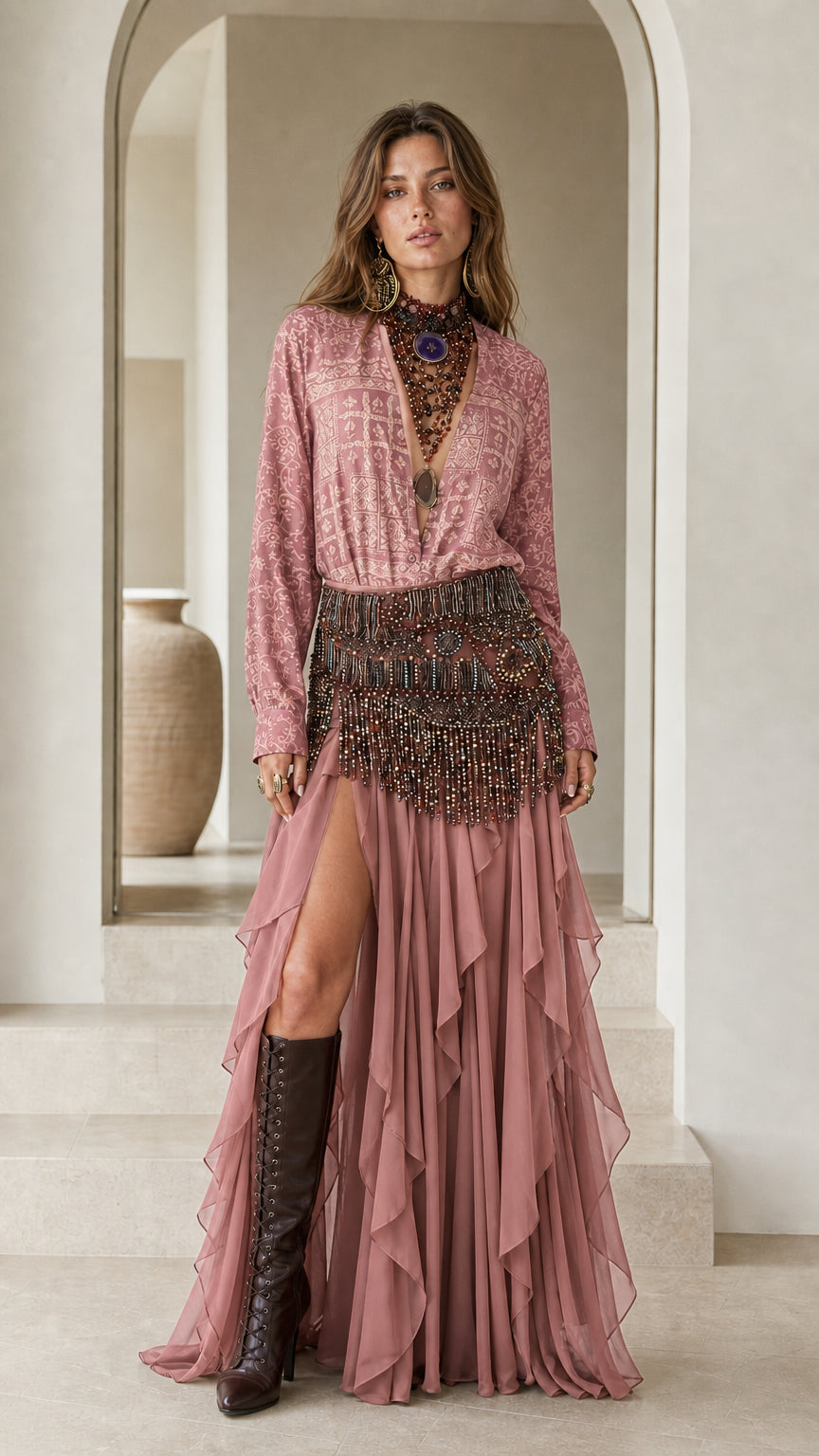 Model wearing pink boho printed blouse and tiered ruffle skirt set