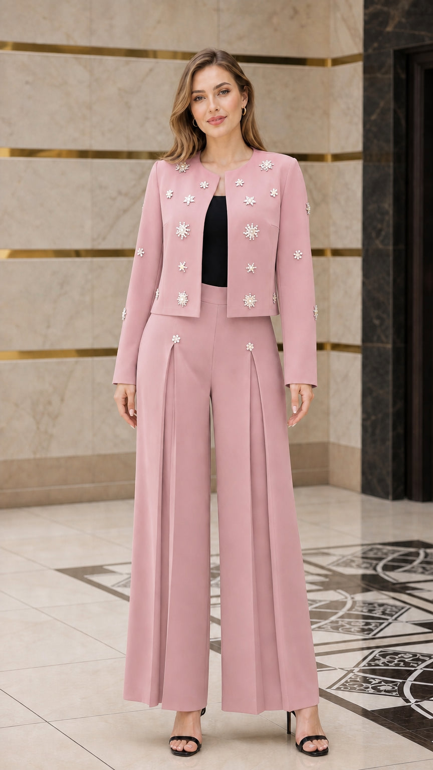 Model wearing dusty pink embellished formal pant suit set