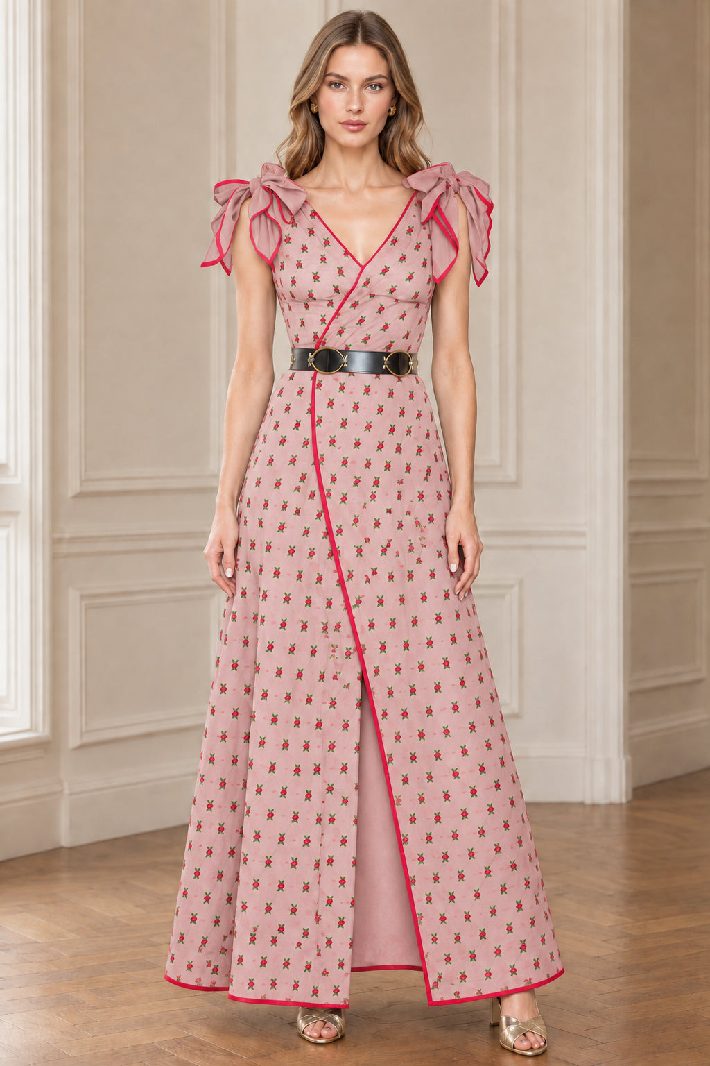Blush pink floral maxi dress with red trim and bow shoulders
