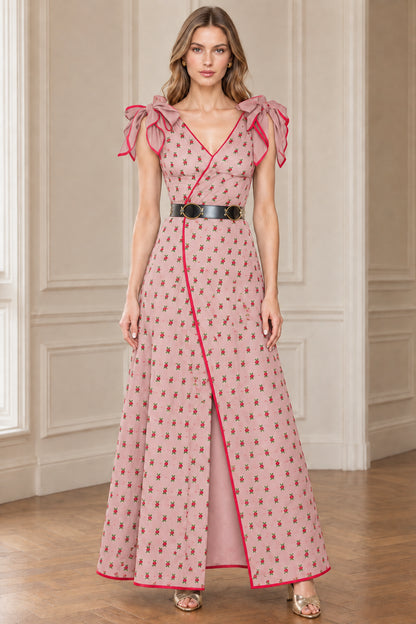 Blush pink floral maxi dress with red trim and bow shoulders