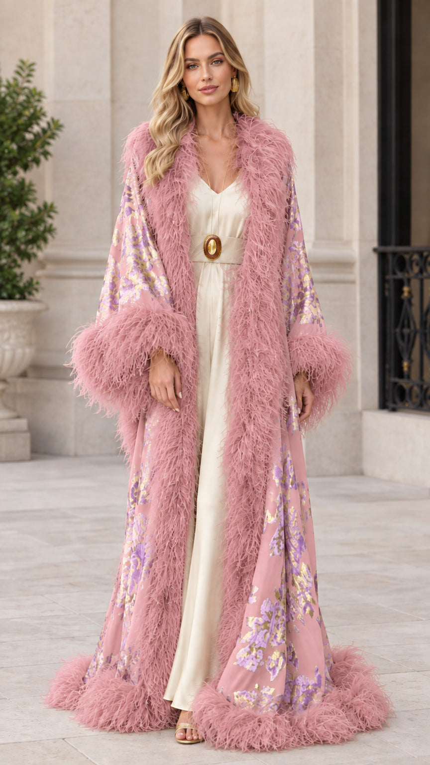 Dusty pink floral jacquard evening robe with plush pink feather collar and cuffs