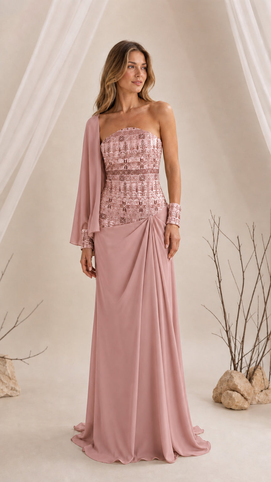 Dusty rose pink strapless formal gown with embroidered bodice