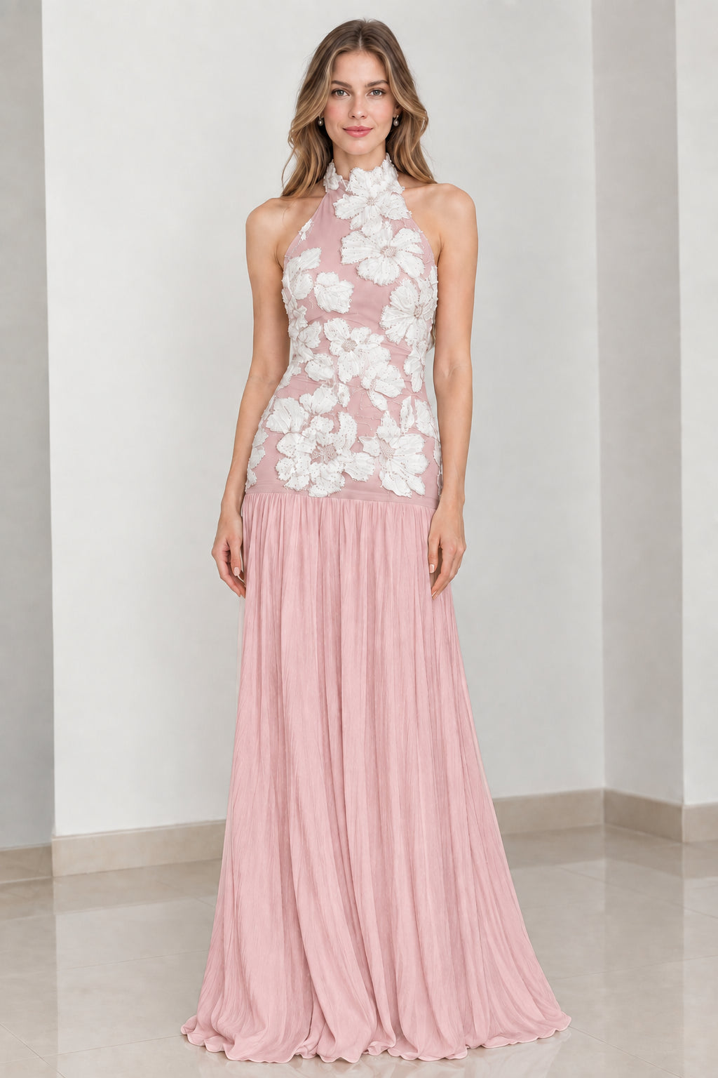 Dusty pink floral applique halter neck evening maxi gown