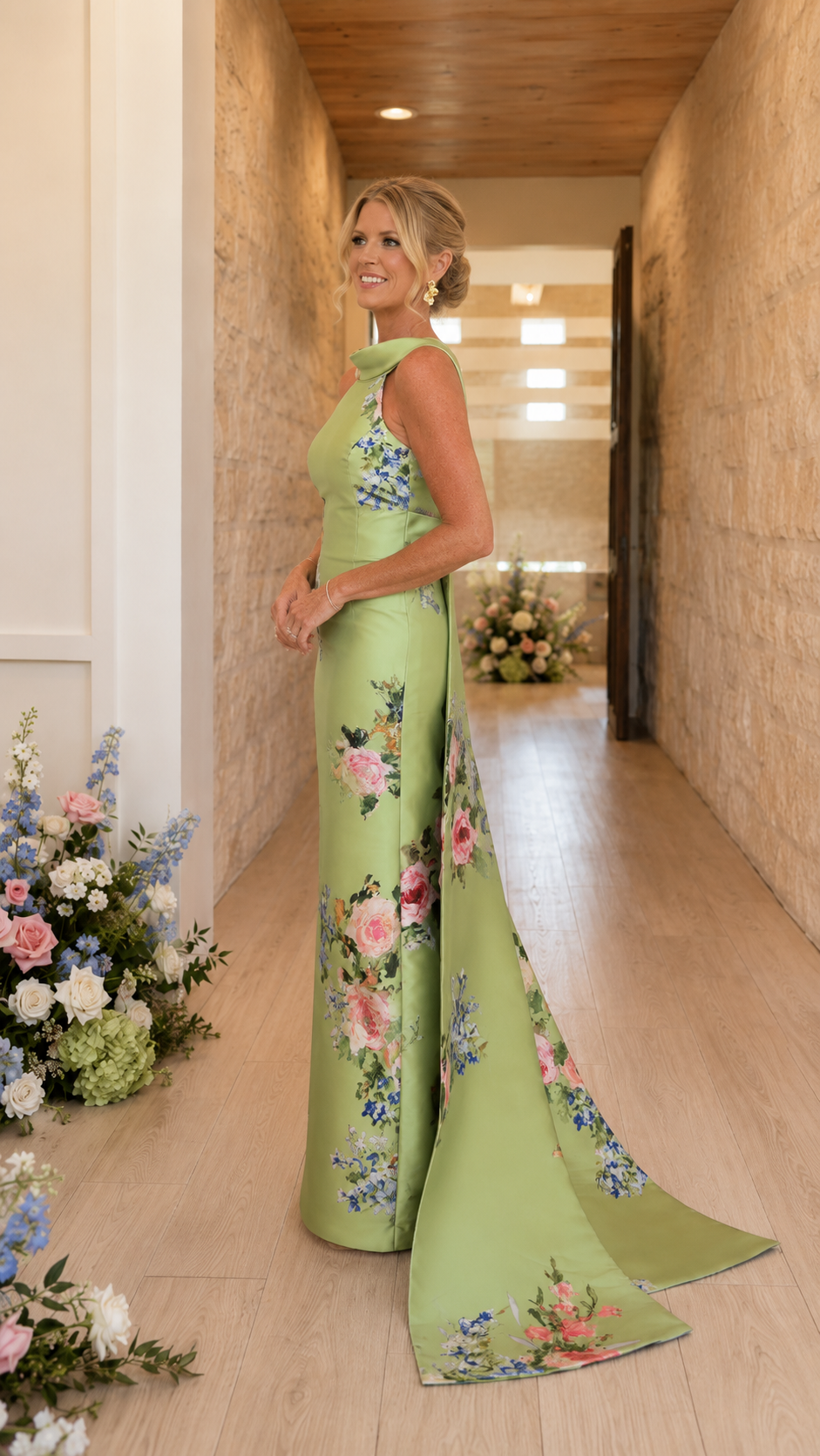Sage green floral print mermaid gown side view with sweep train