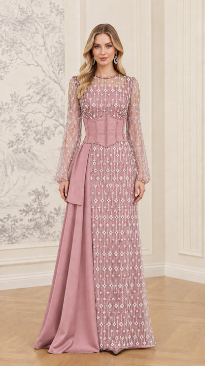 Dusty rose pink long sleeve embellished evening gown with corset waist