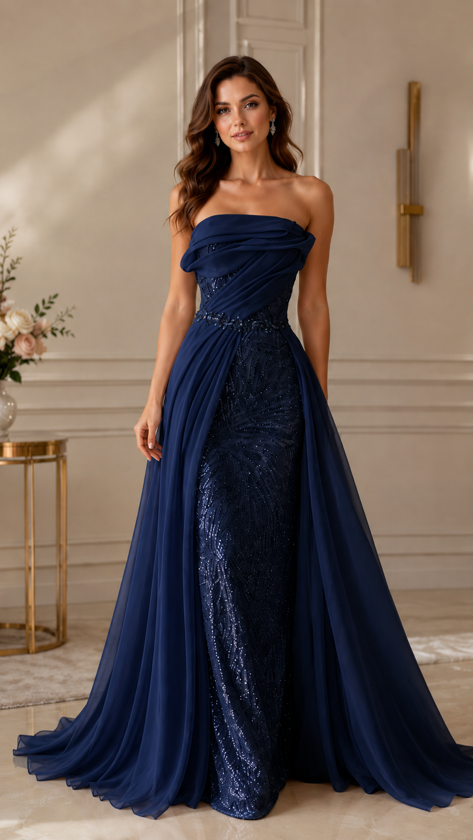 Navy blue strapless sequin evening gown with draped bodice and sheer overlay front view