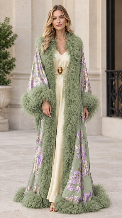 Sage green floral jacquard long duster kimono with feather trim