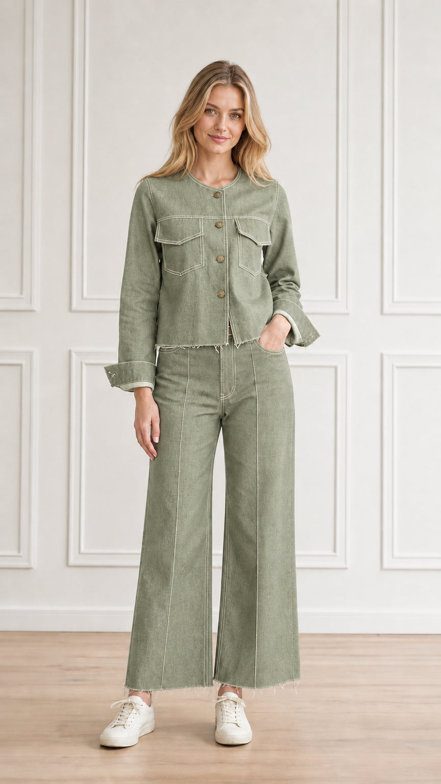 Model wearing sage green denim jacket and wide-leg pants two-piece set