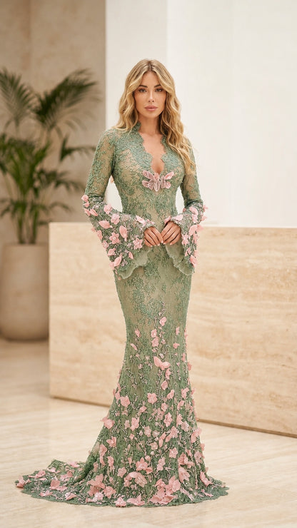 Front view of sage green 3D floral lace mermaid gown with flared sleeves