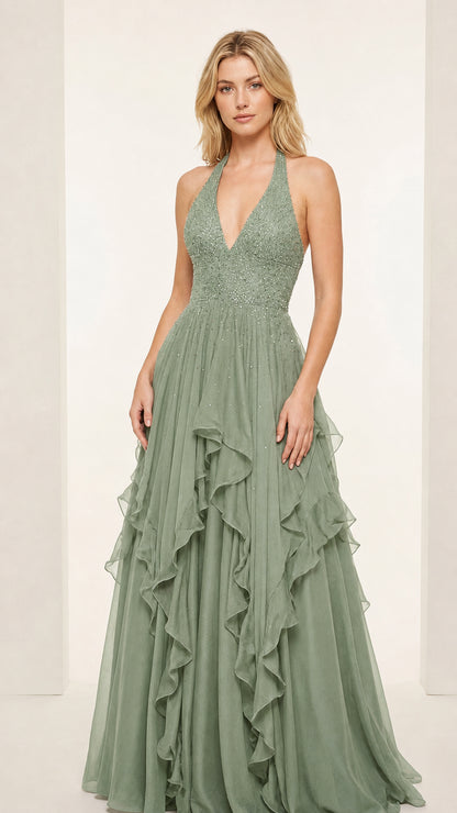 Front view of Sage Green halter V-neck tiered ruffle formal dress