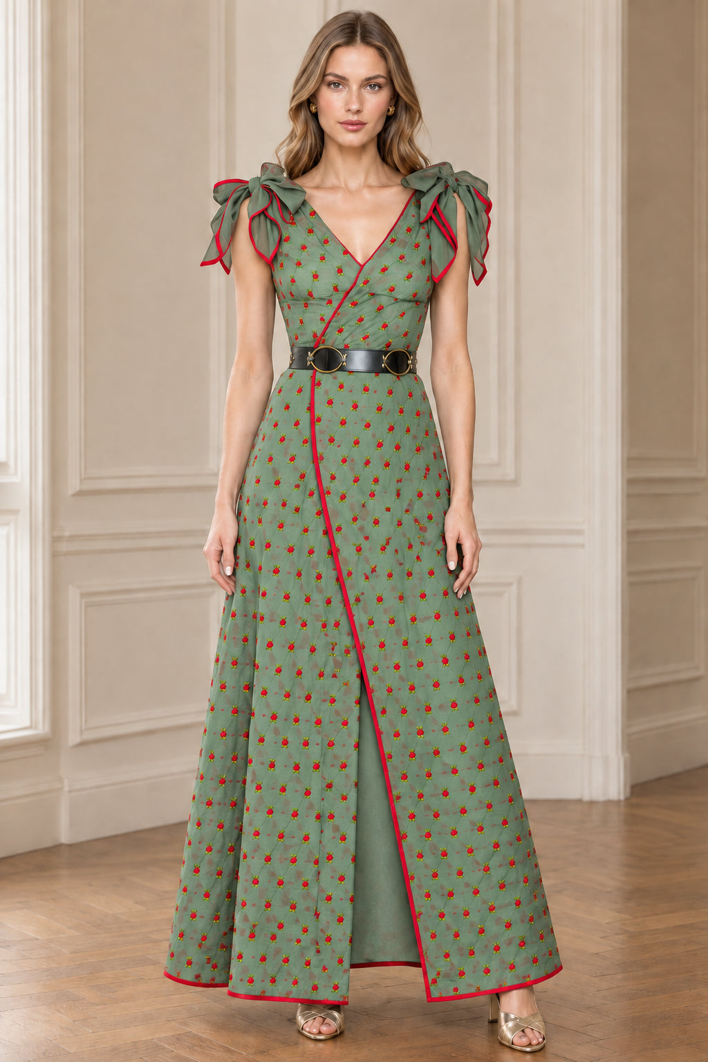 Sage green floral maxi dress with red trim and belted waist