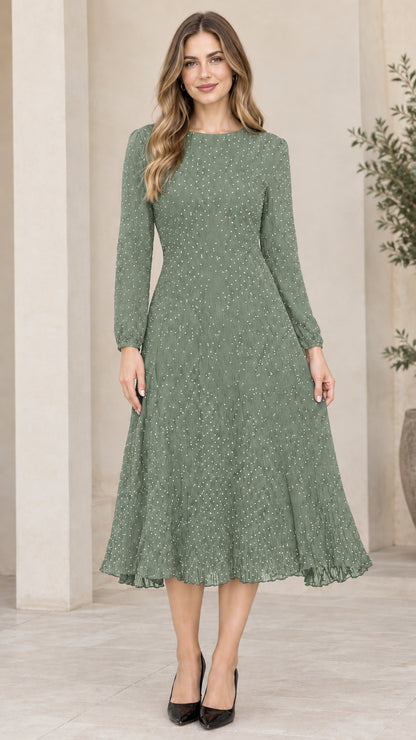 Front view of woman wearing sage green long sleeve micro dot A-line midi dress