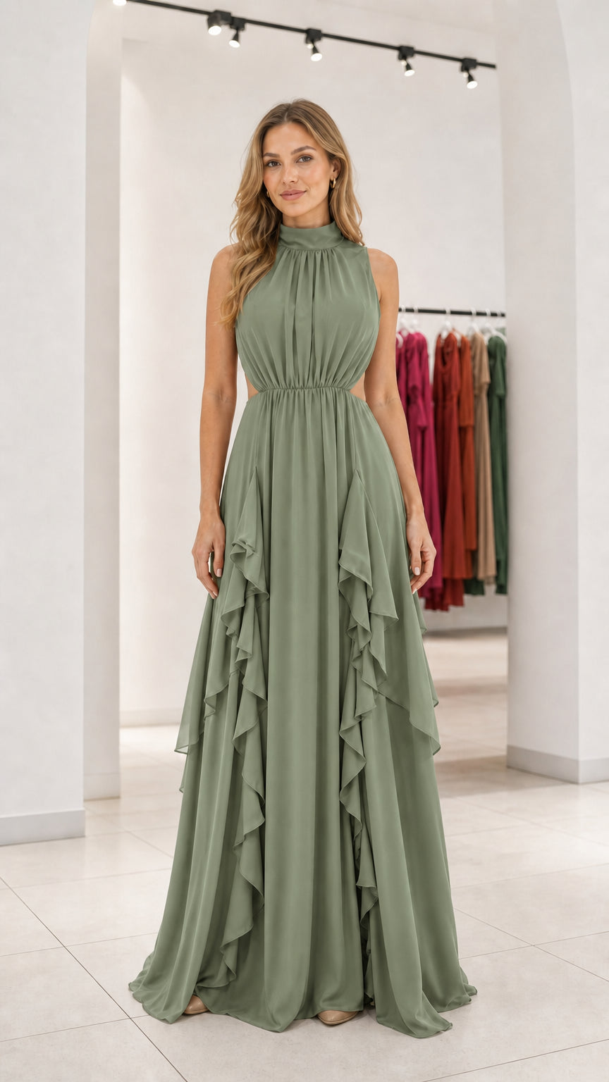 Front view of sage green evening maxi dress