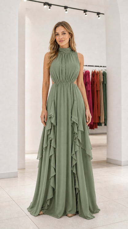 Front view of sage green evening maxi dress