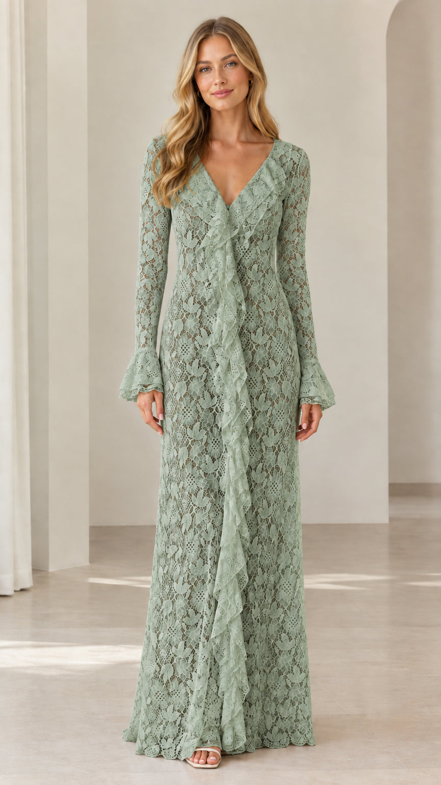 Full-length view of sage green floral lace ruffle maxi dress
