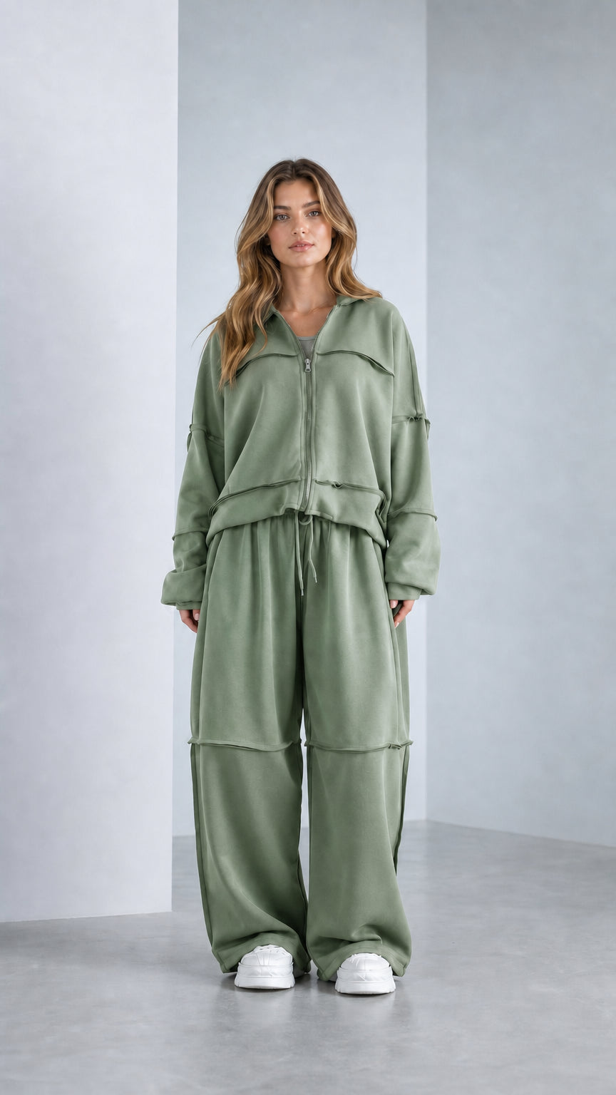 Full-length studio shot of model wearing Sage Green casual zip jacket and lounge pants set
