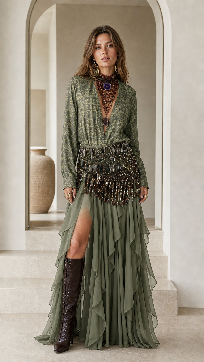 Model wearing green boho printed blouse and tiered ruffle skirt set