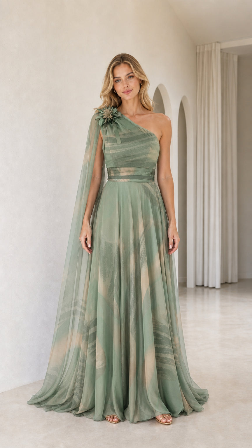 Full front view of sage green abstract print one-shoulder evening gown with cape