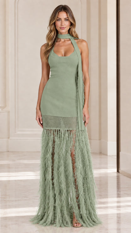 Sage green halter neck fringe evening maxi dress with matching neck scarf