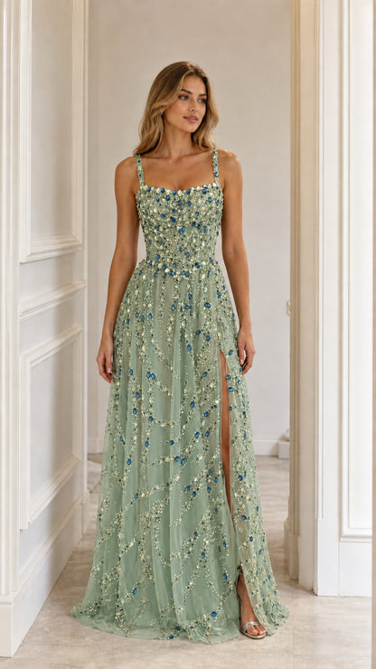 Front view of sage green crystal embellished evening gown with high slit