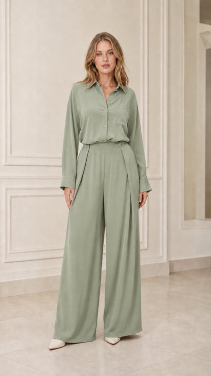 Model wearing sage green long-sleeve shirt and wide-leg trousers set