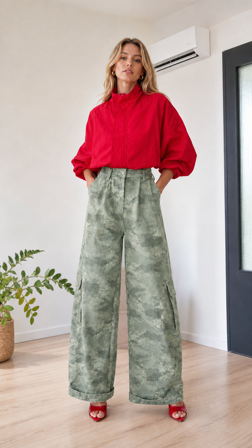 Model wearing sage green camo wide-leg cargo pants with red top