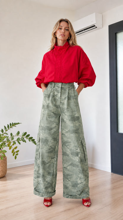 Model wearing sage green camo wide-leg cargo pants with red top