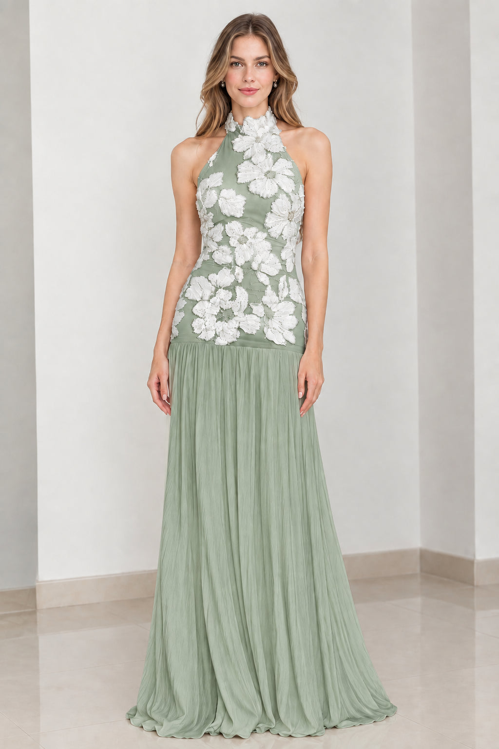 Sage green halter neck pleated formal evening gown with floral bodice