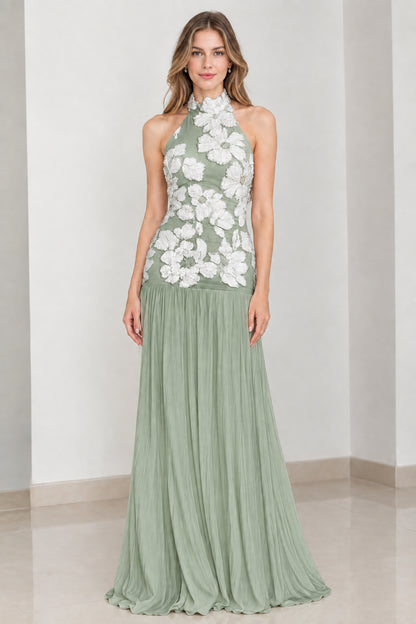Sage green halter neck pleated formal evening gown with floral bodice