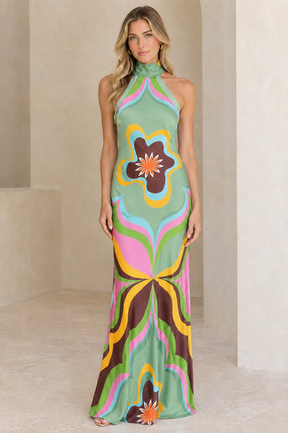 Model wearing Sage Green retro floral print halter maxi dress